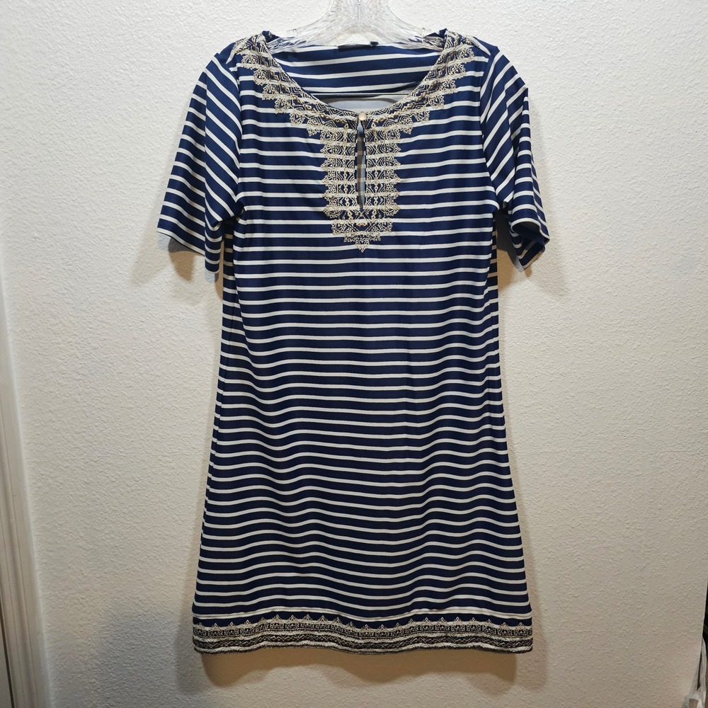 Cabana Life Navy White Striped Gold Embroidered Shift Dress UPF 50+ Medium